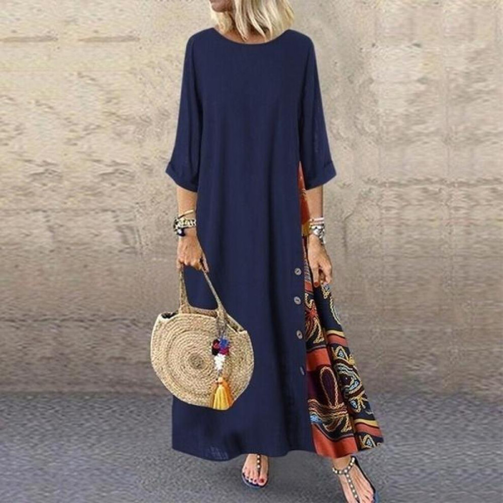 (navy blue, 3XL) Women&apos;s Fashion Casual Loose Big Swing Half Sleeve Long Dress Floral Holiday Maxi Dress Plus Size Vestidos Longos Robe