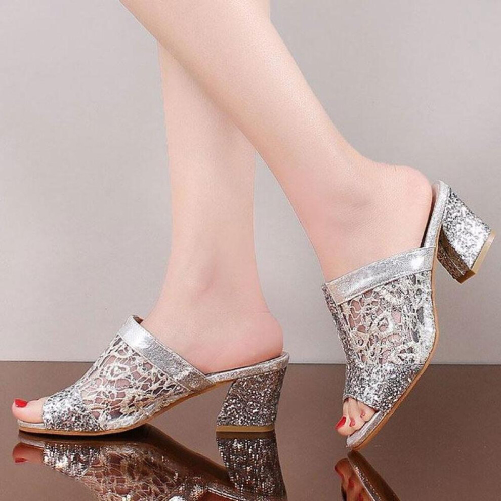 (silver, 38) Women Summer Slip On Sandals Open Toe Crystal Chunky Heels Flip Flops