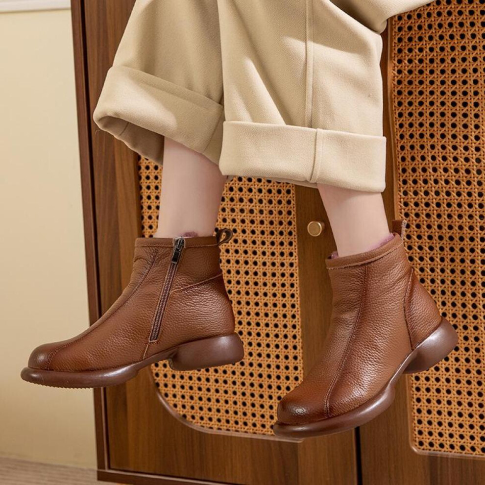 (brown, 35) Johnature Thick And Warm Cotton Shoes Women&apos;s Winter Genuine Leather Anti Slip Low Heel Plush Short Boots
