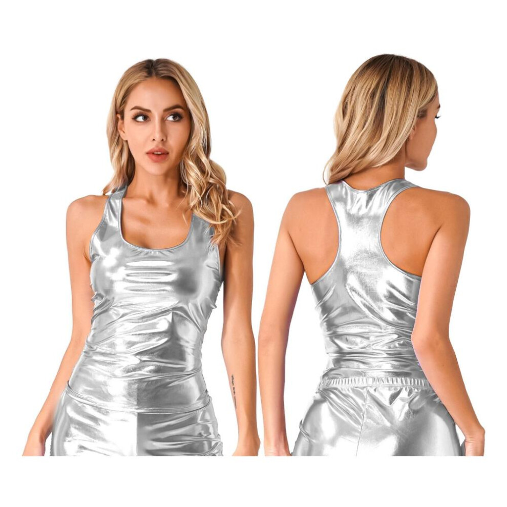 (silver, S) Womens Sleeveless Cami Tank Top Solid Color Slim Fit Blouse Shirts Festival Rave Party Dance Tops