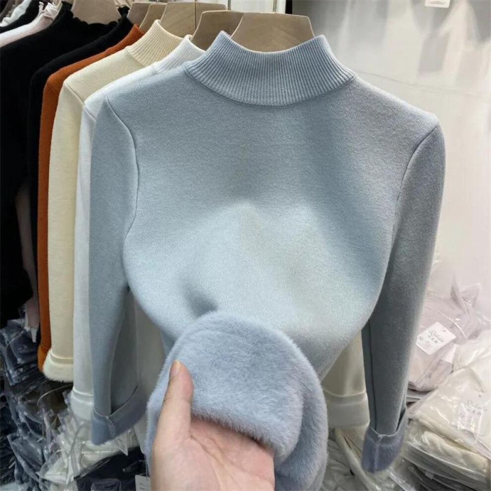 (blue, S) Korean Turtleneck Slim Thicken Knitted Pullovers Woman Winter Plus Velvet Sweater Casual Fleece Lined Warm Knitwear Tops