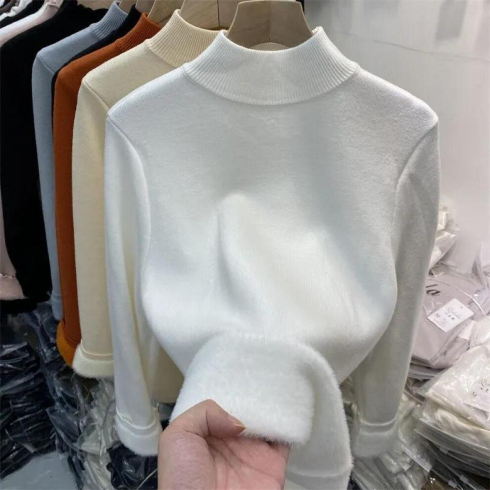 (white, M) Korean Turtleneck Slim Thicken Knitted Pullovers Woman Winter Plus Velvet Sweater Casual Fleece Lined Warm Knitwear Tops