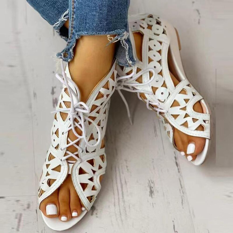 (white, 39) Women&apos;s Peep Toe Sandals Summer Fashion Wedge Hollow Out Lace-up Party Sandals Beach Shoes