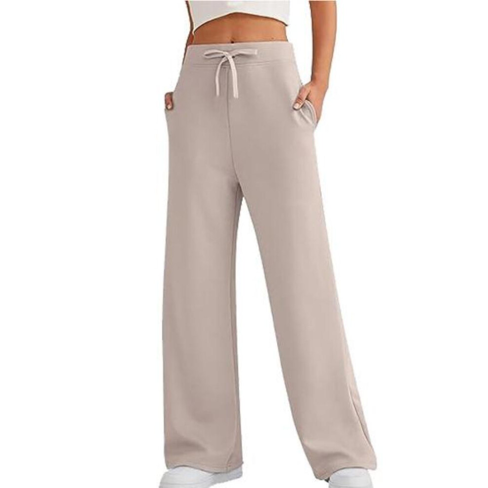 (khaki, M) Women Pants High Elastic Waist Wide Leg Soft Casual Loose Solid Color Drawstring Full Length Pockets Simple Style Lady Yoga