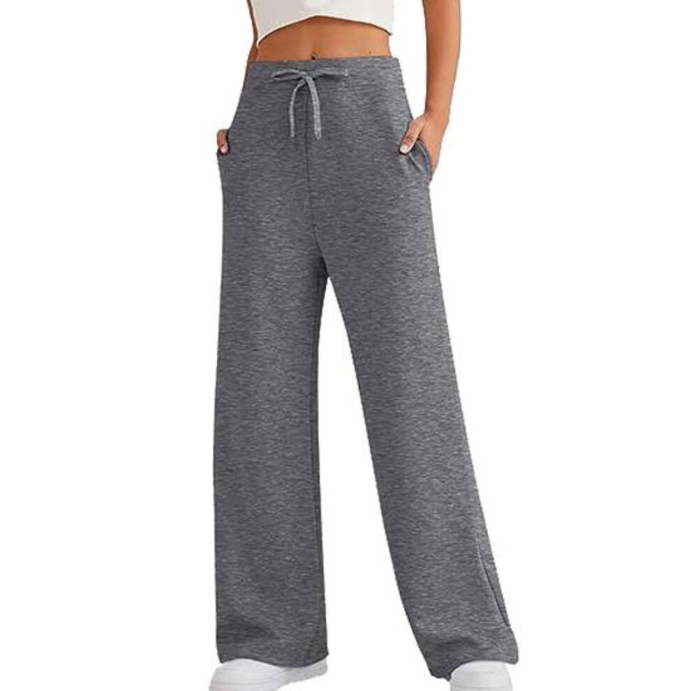 (dark gray, XL) Women Pants High Elastic Waist Wide Leg Soft Casual Loose Solid Color Drawstring Full Length Pockets Simple Style Lady Yoga