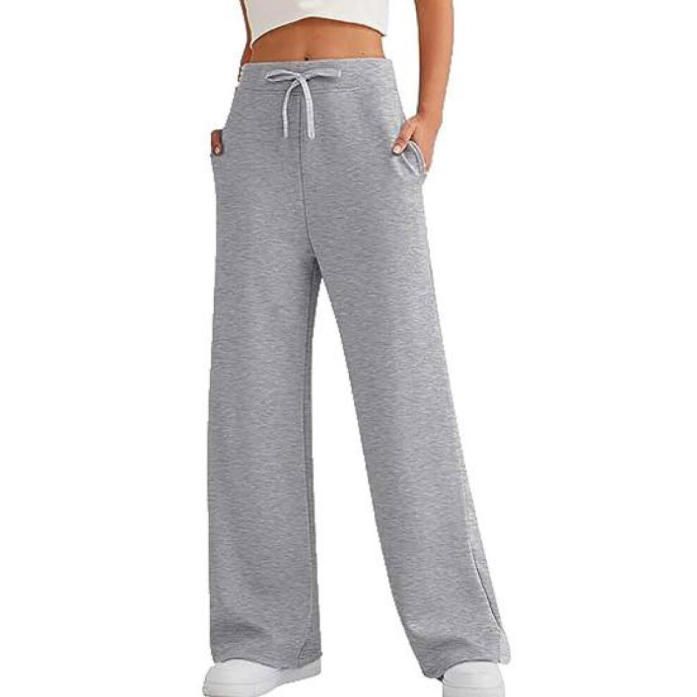 (light grey, S) Women Pants High Elastic Waist Wide Leg Soft Casual Loose Solid Color Drawstring Full Length Pockets Simple Style Lady Yoga