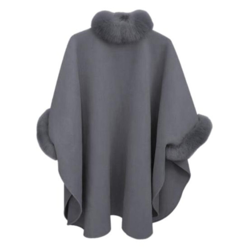 (grey, 2XL) Lady Winter Cape Coat Dolman Sleeves Thick Shawl Loose Stand Collar Solid Color Faux Fur Decor Warm Daily Wear Work Outdoor Poncho