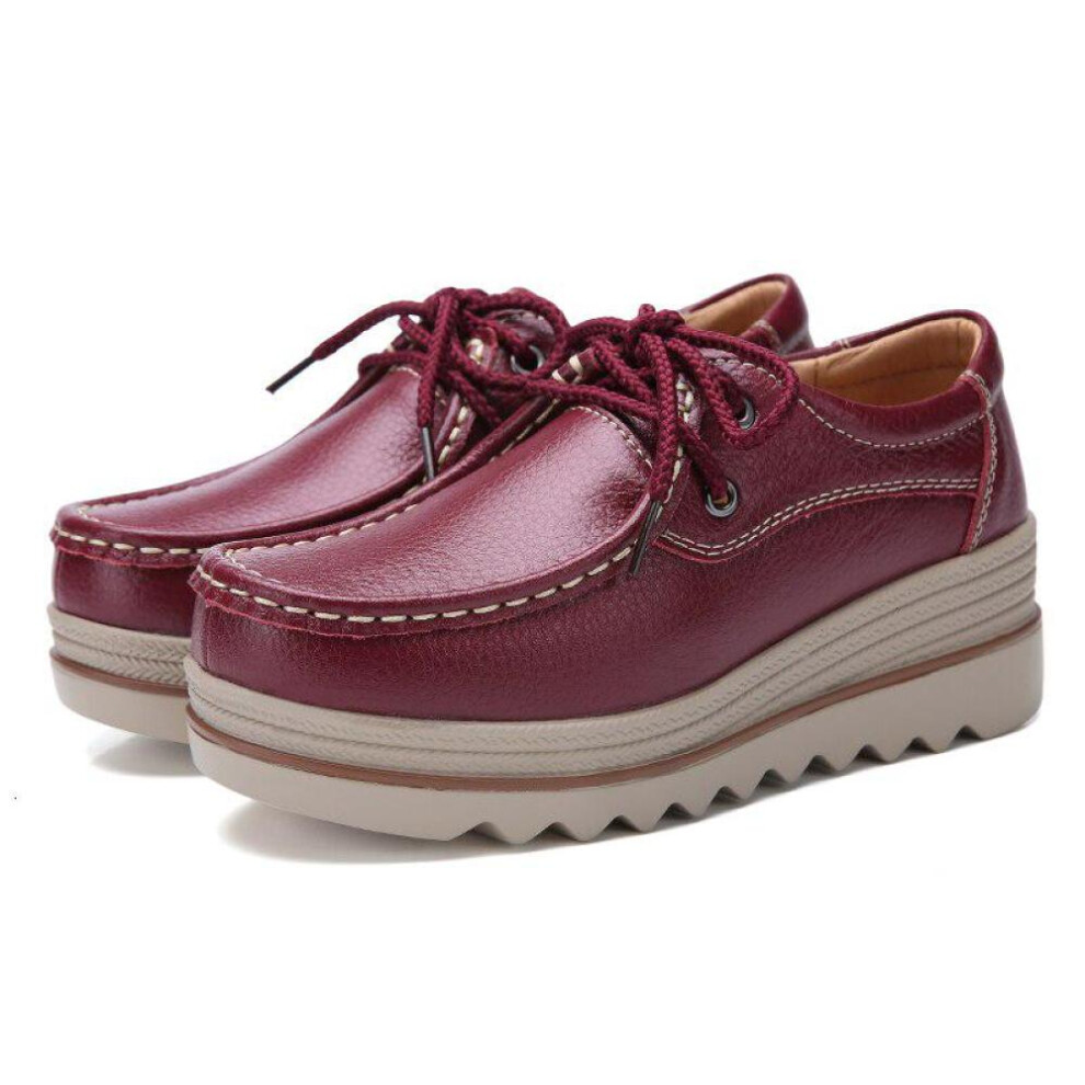 (dark red, 37) Women Platform Sneakers Genuine Leather Shoes Casual Shoes Ladies Thick Sole Flat Comfort Loafers