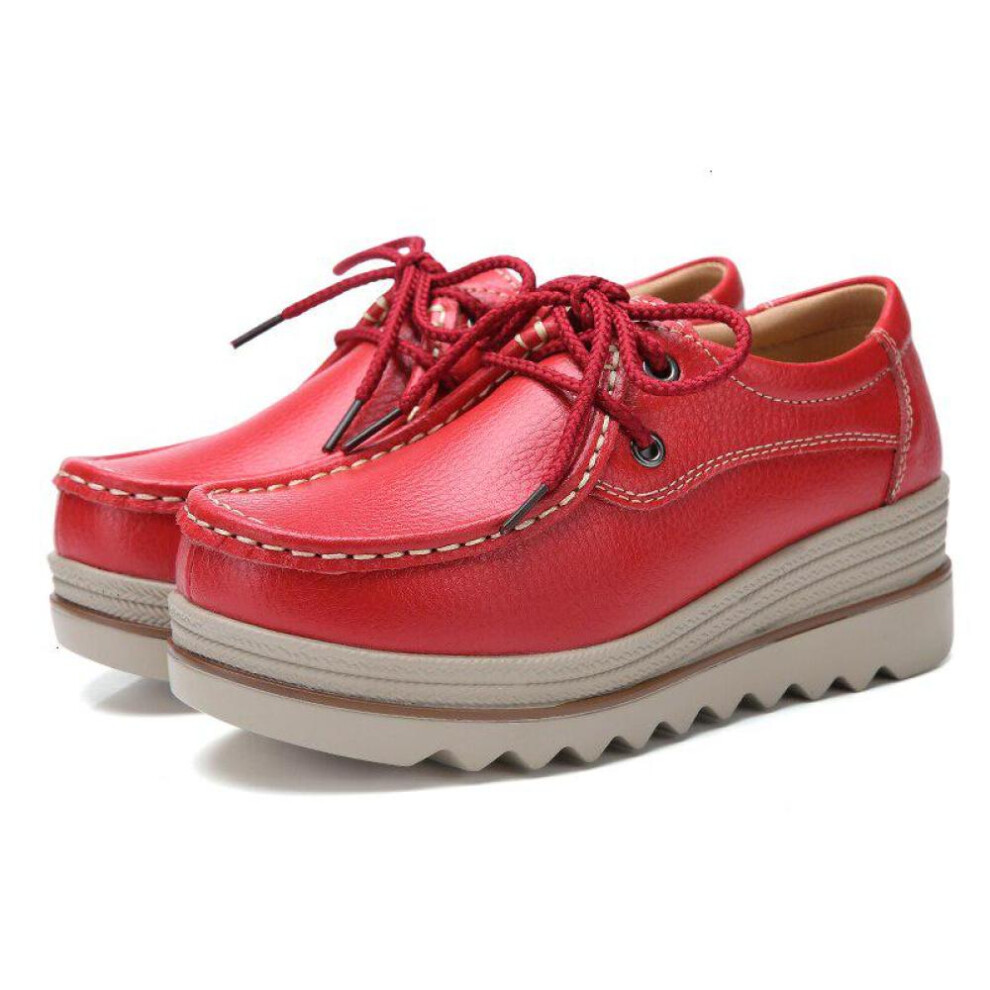 (red, 41) Women Platform Sneakers Genuine Leather Shoes Casual Shoes Ladies Thick Sole Flat Comfort Loafers