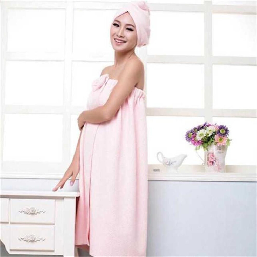 (pink) Women&apos;s Cute Bowknot Quick-dry Bath Towel Spa Wraps And Shower Cap Bathrobe Set