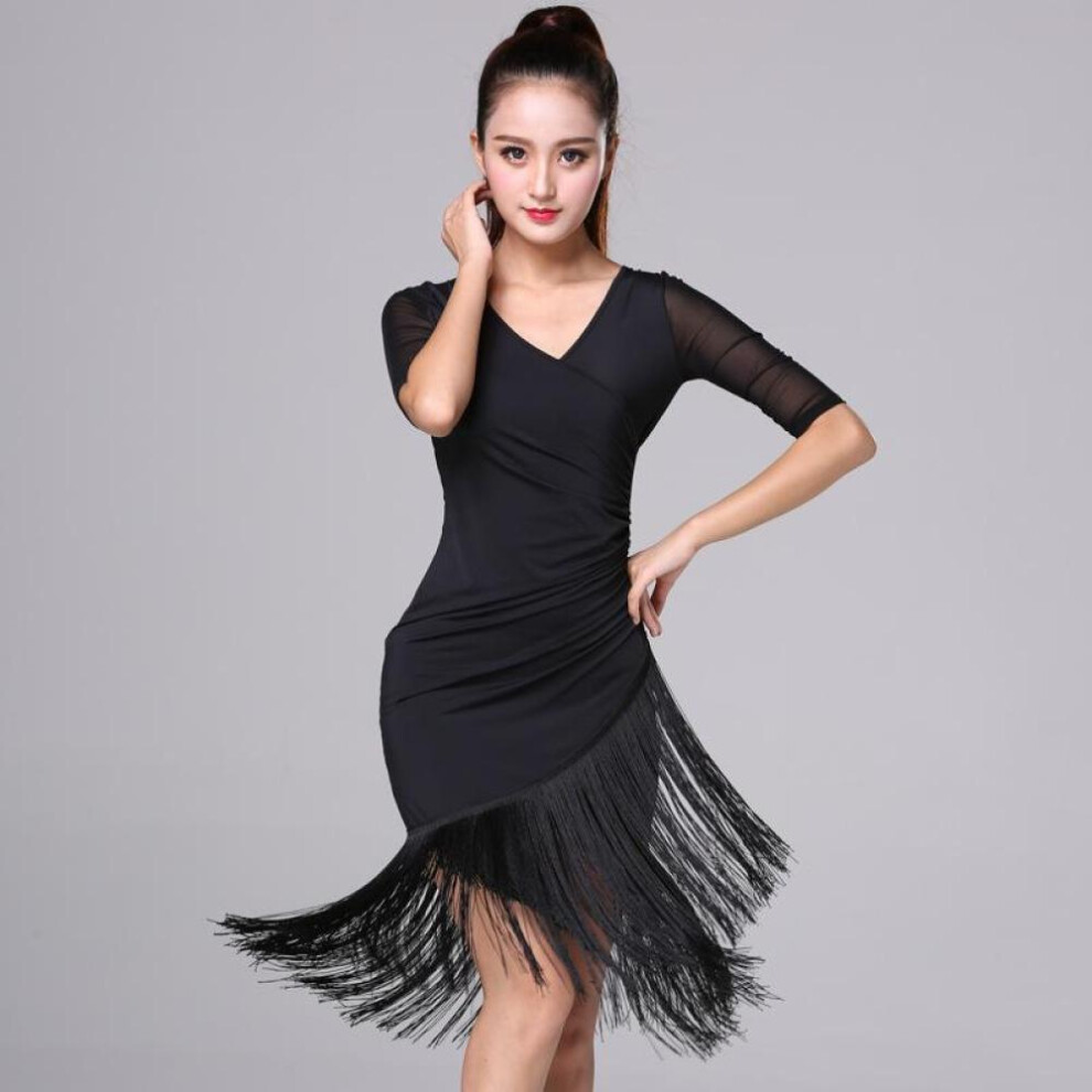 (black, XXL) Lace Vest V-neck Sleeveless Fringed Latin Dance Skirt Performance Dress Exercise Clothes