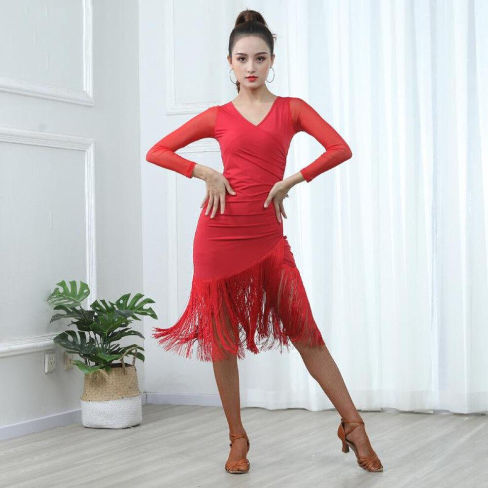 (red, S) Lace Vest V-neck Sleeveless Fringed Latin Dance Skirt Performance Dress Exercise Clothes