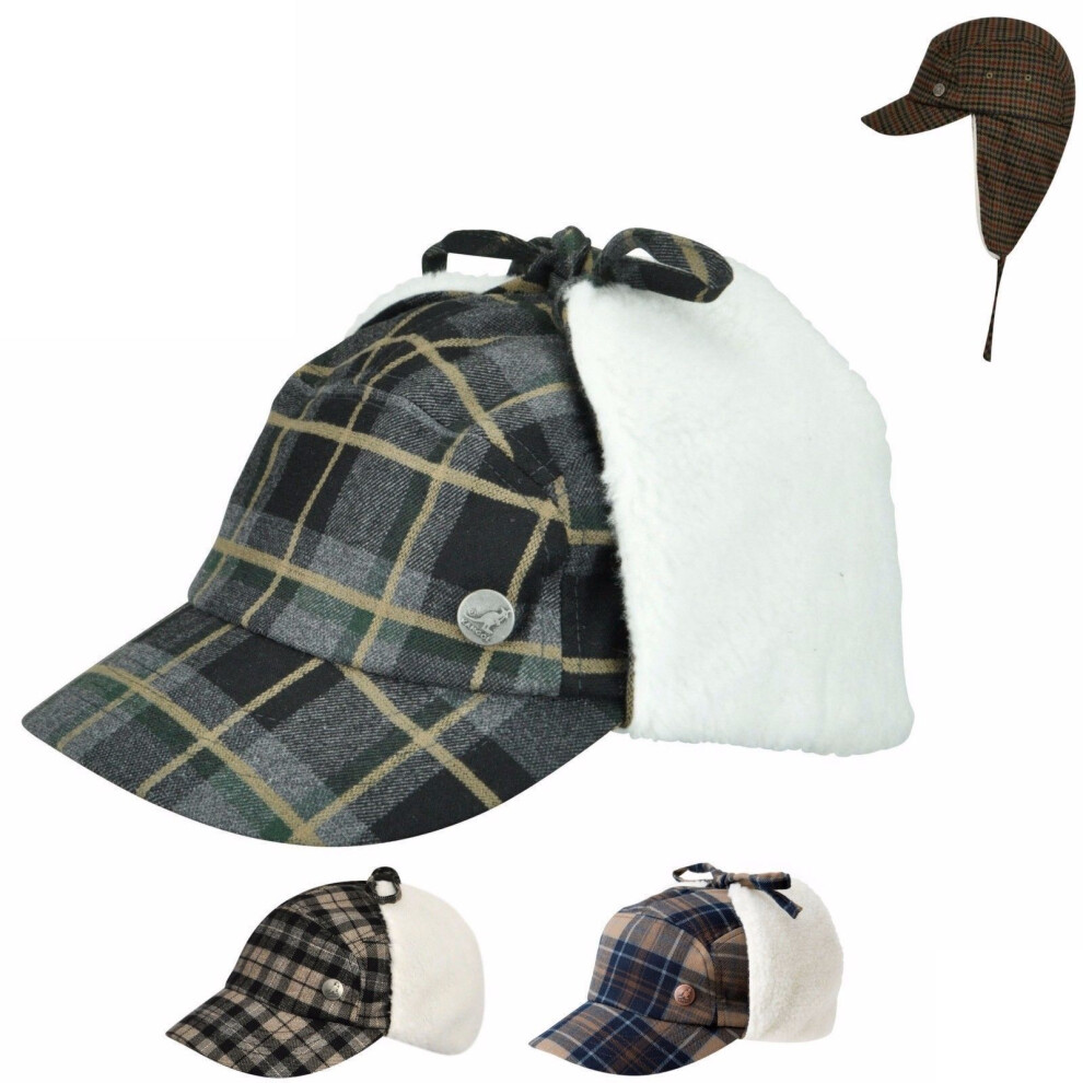 (Grey/Black, S/M) KANGOL Plaid Supre Ushanka Sherpa Chullo Lined Hat Warm Winter Ear Trapper Flying