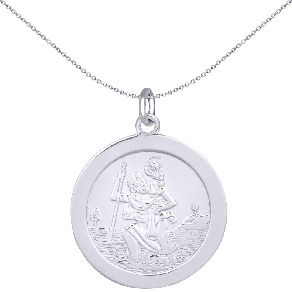 Jewelco London Unisex Rhodium Plated Sterling Silver Round St Christopher Medallion Pendant, 22mm - APM014