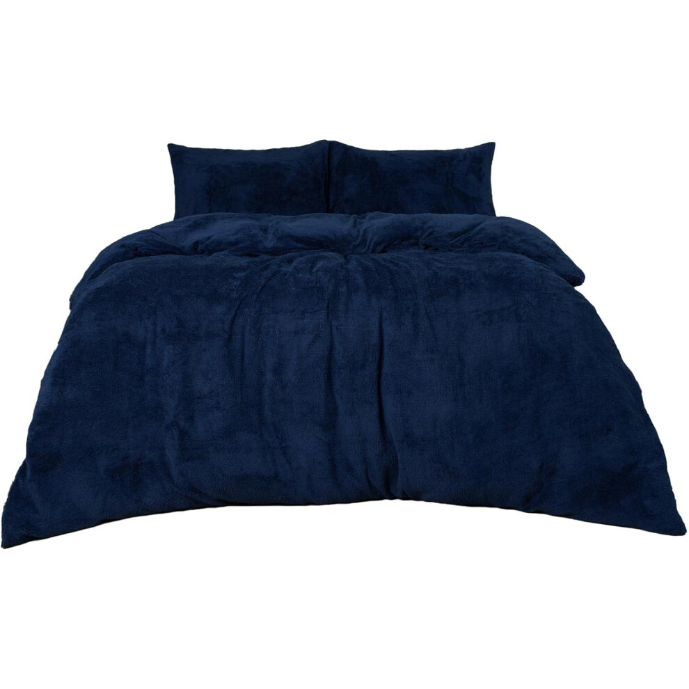 (Double, Navy Blue) Grey Teddy Fleece Single Duvet Set, Grey Single Bed Duvet Cover Set with Pillowcases Thermal Bedding Single Duvet Cover Ultra Soft Warm Fluffy