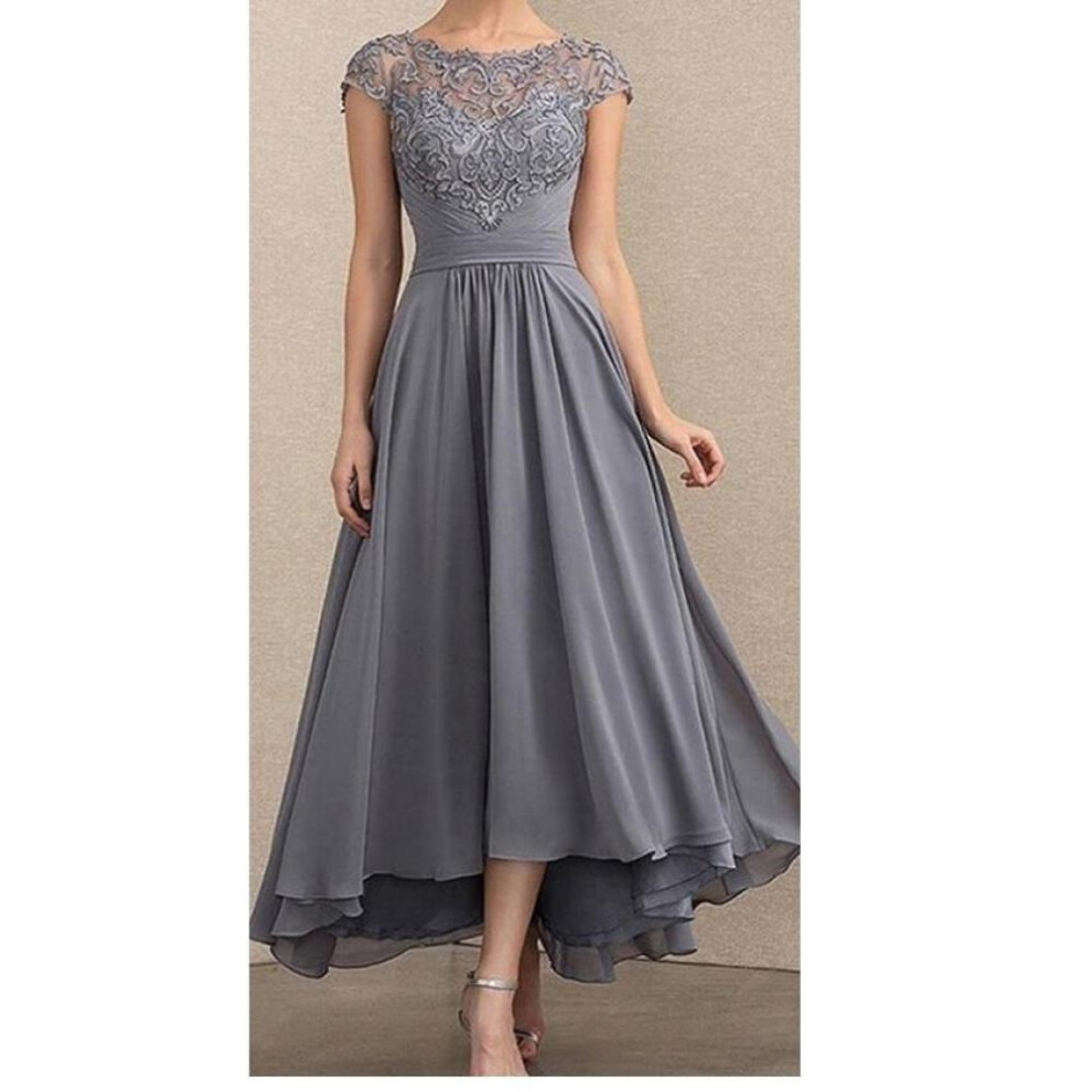 (grey, M) Women Lace Short Sleeves Pleat Bridal Bride Bridesmaids Host Wedding Long Dress Party Maxi Gown