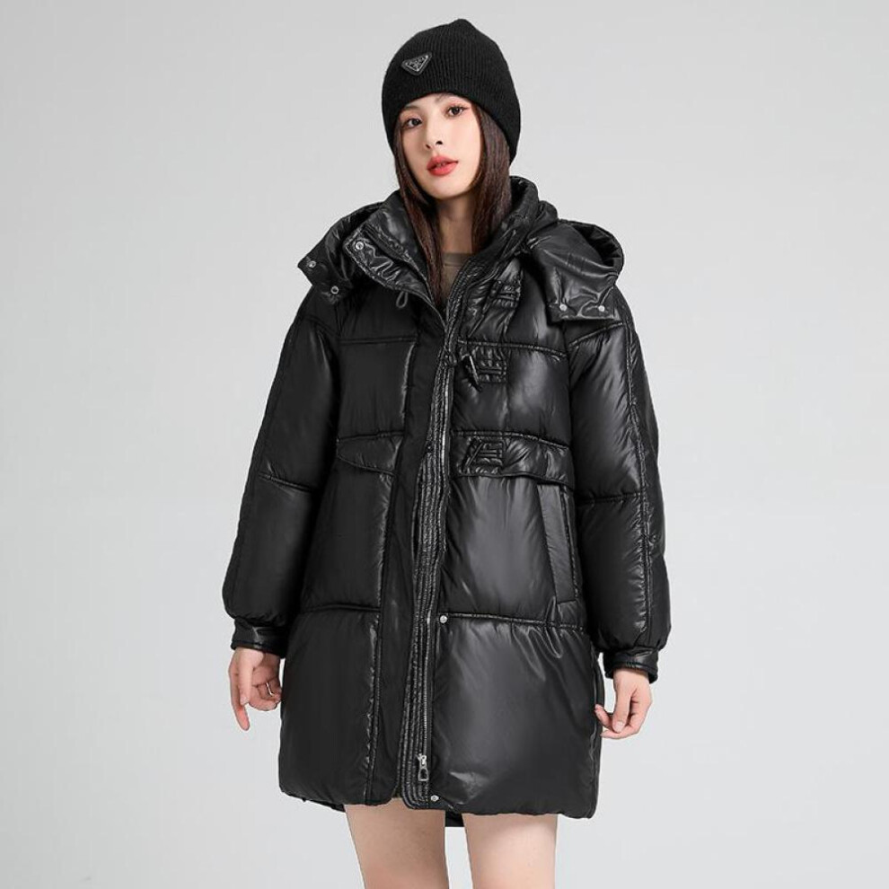 (black, M) Autumn And Winter Women's Thickened Hooded Coat Loose Mid-length Windproof Warm Coat Cold Weather Clothing