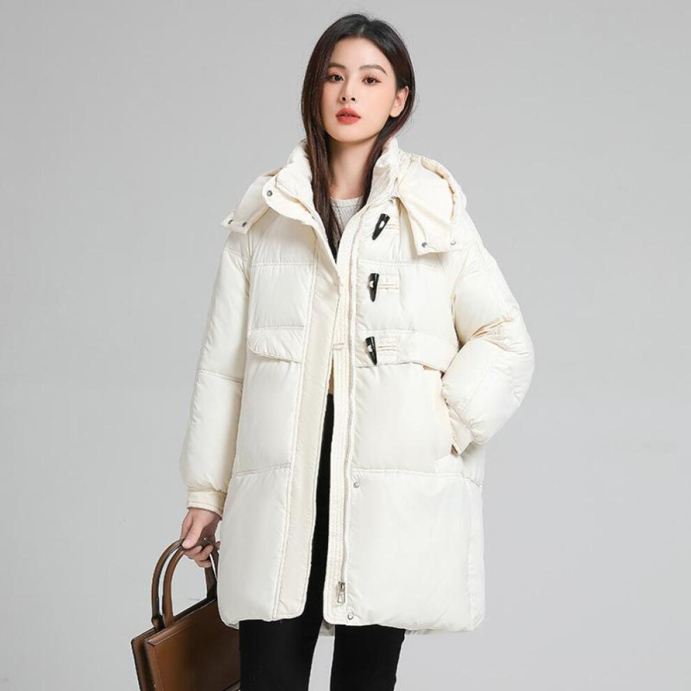 (white, S) Autumn And Winter Women's Thickened Hooded Coat Loose Mid-length Windproof Warm Coat Cold Weather Clothing