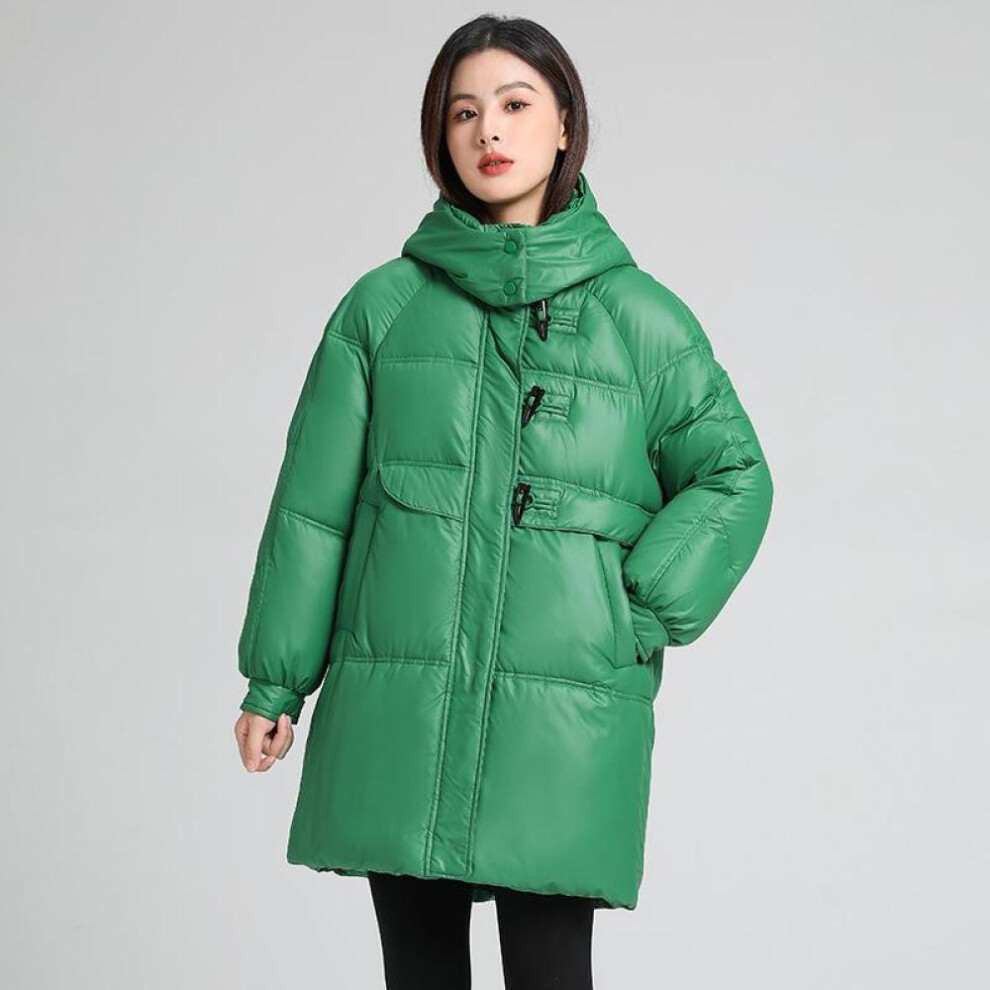 (green, S) Autumn And Winter Women's Thickened Hooded Coat Loose Mid-length Windproof Warm Coat Cold Weather Clothing