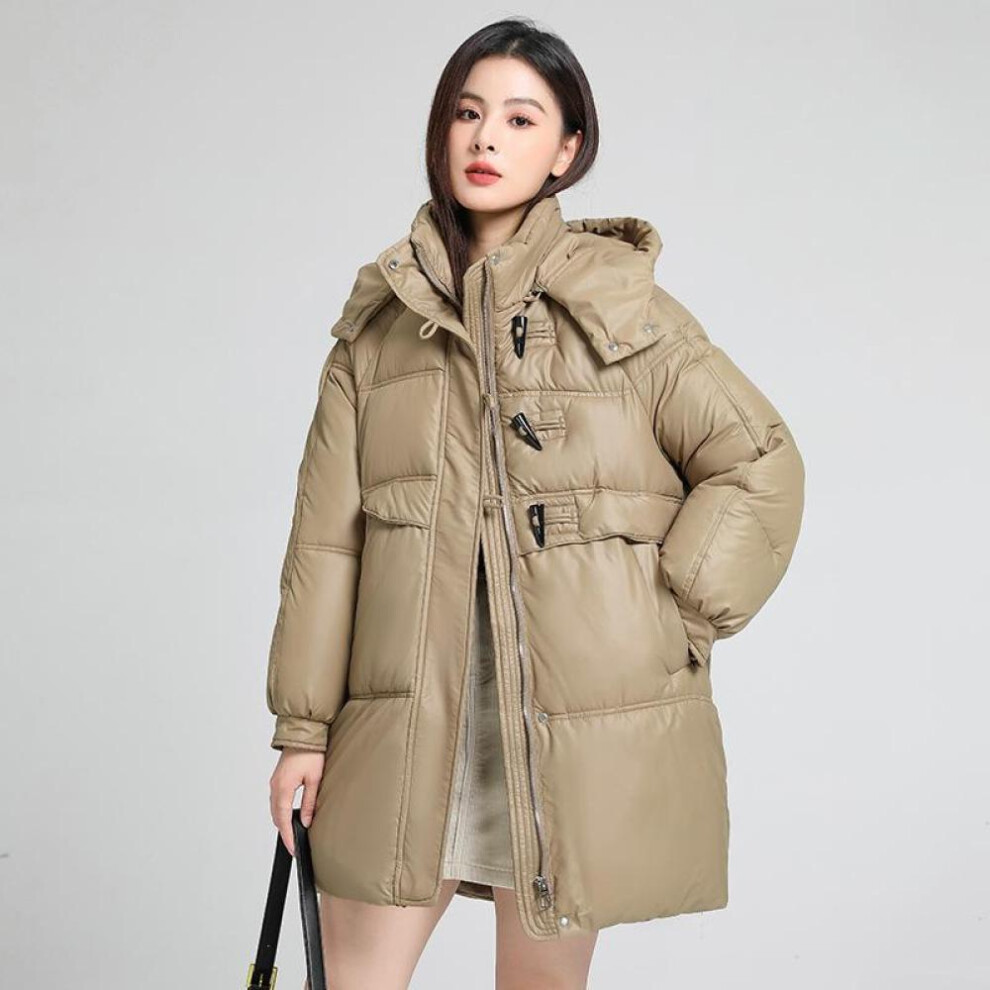 (khaki, S) Autumn And Winter Women's Thickened Hooded Coat Loose Mid-length Windproof Warm Coat Cold Weather Clothing