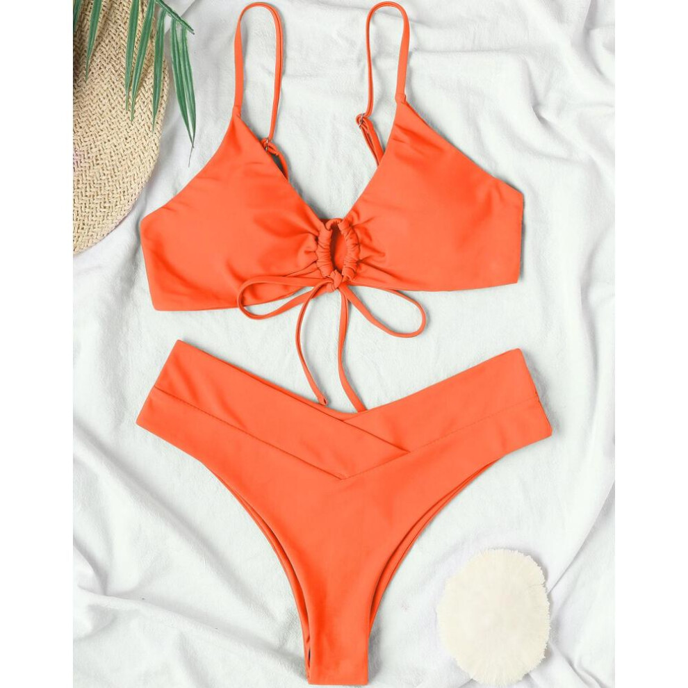 (orange, XL) Women's Swimsuit Solid Color Front Tie Sexy Bikini Thong Brazilian Beachwear Bathing Suits 8 Colors