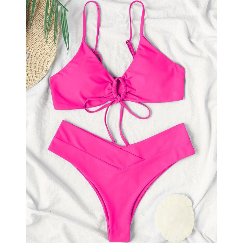 (rose, S) Women's Swimsuit Solid Color Front Tie Sexy Bikini Thong Brazilian Beachwear Bathing Suits 8 Colors