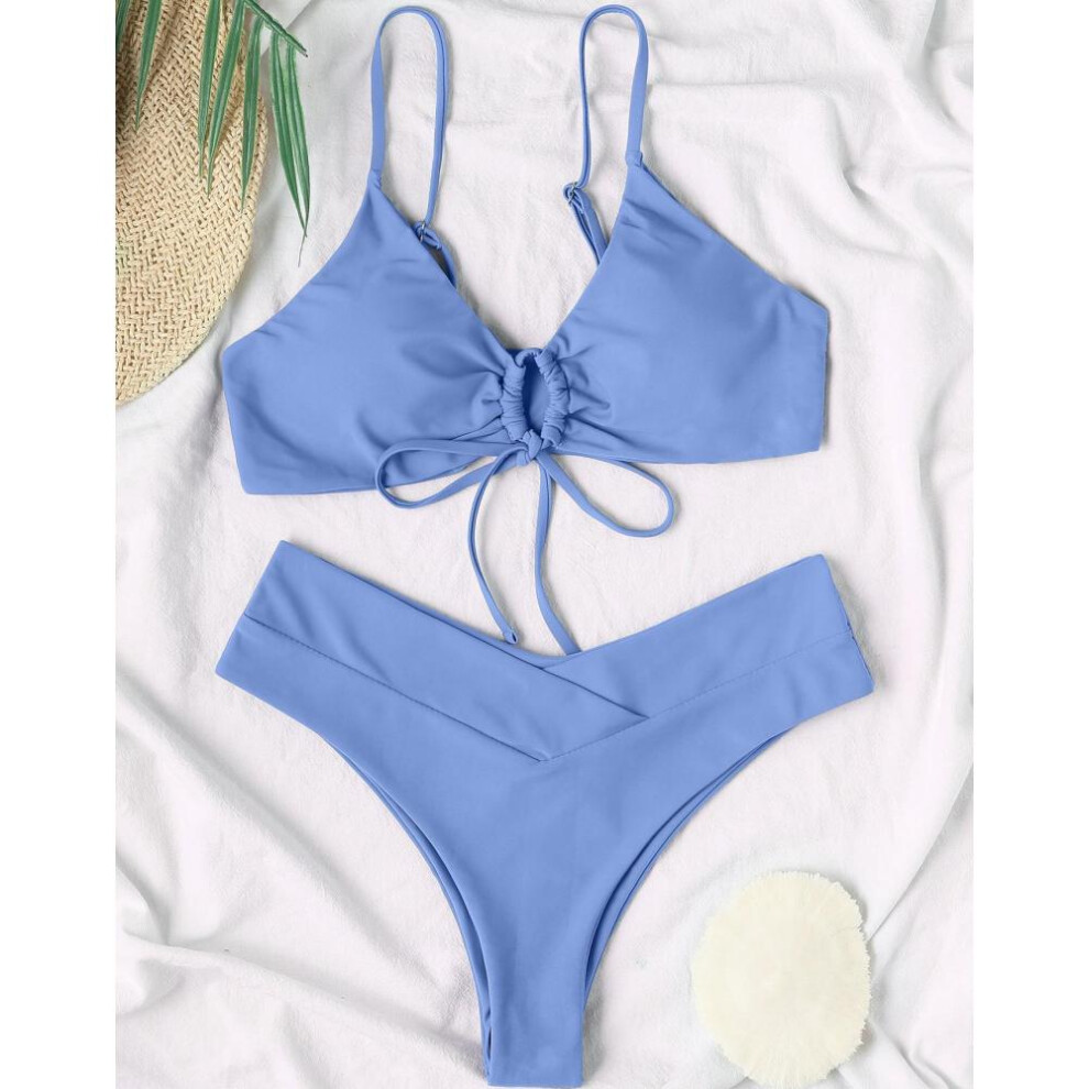 (blue, L) Women's Swimsuit Solid Color Front Tie Sexy Bikini Thong Brazilian Beachwear Bathing Suits 8 Colors