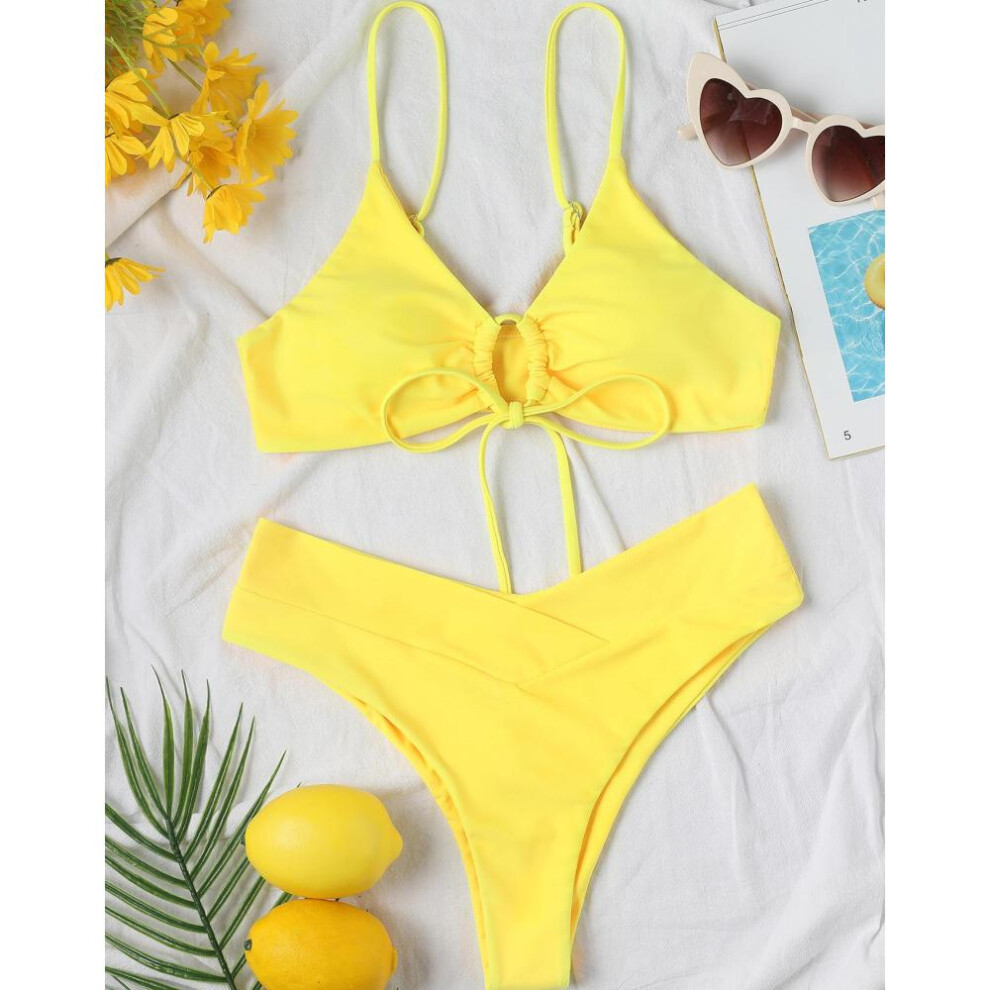 (yellow, XL) Women's Swimsuit Solid Color Front Tie Sexy Bikini Thong Brazilian Beachwear Bathing Suits 8 Colors