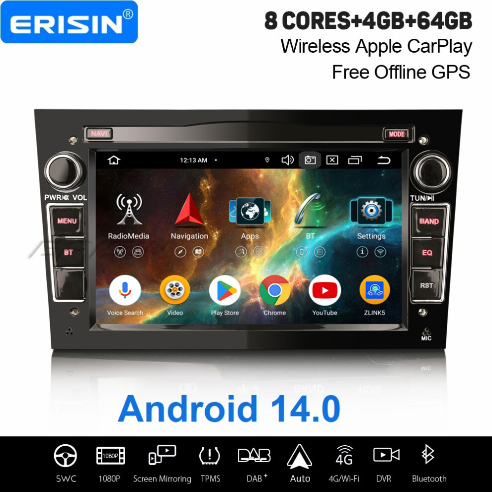 Erisin 4Gb+64Gb 8 Core Android 14 Carplay Car Stereo Gps For Opel Vauxhall Astra Zafira Corsa Vectra Signum Dab+ Wifi Bluetooth Usb 737655237894