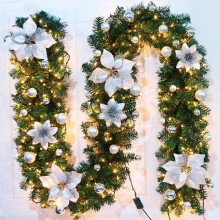 ((White) ) Christmas garland with lights,2.7M Christmas Garland Decorations Illuminated with LED Lights,for Stairs Fireplaces Christmas Decor