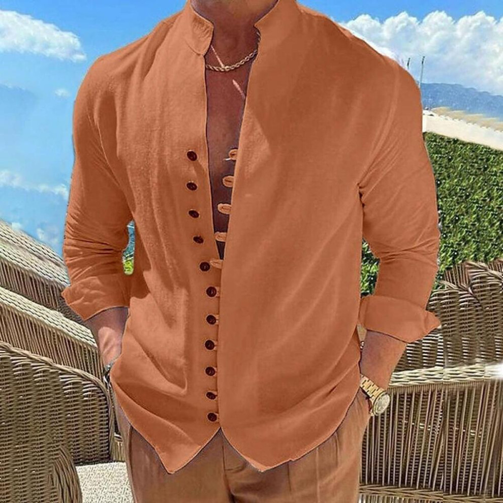 (orange, XL) Long Sleeve Men Solid Color Buttons Up Stand Collar Shirts Mens Spring Fall Tops White Black Cotton Linen Shirt Man