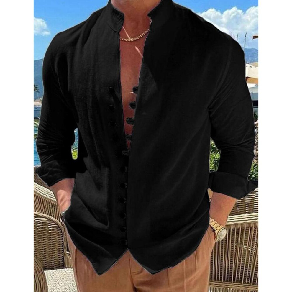 (black, M) Long Sleeve Men Solid Color Buttons Up Stand Collar Shirts Mens Spring Fall Tops White Black Cotton Linen Shirt Man