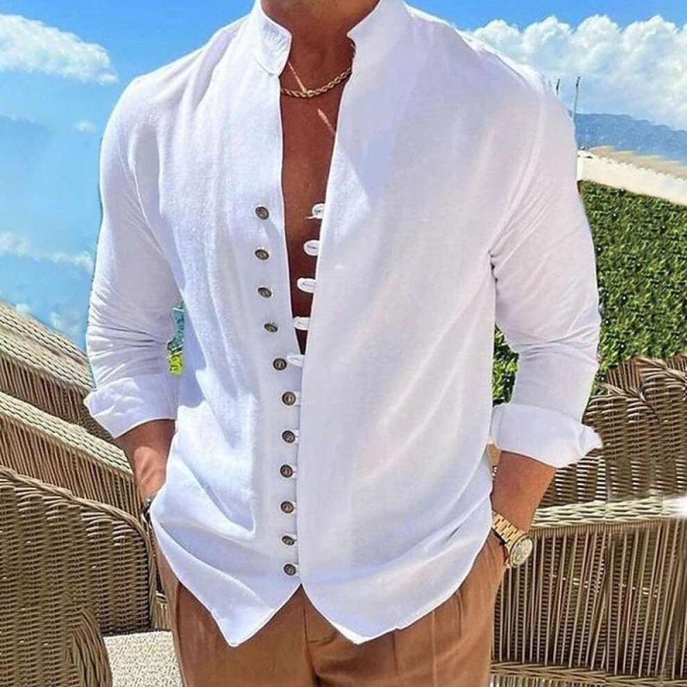 (white, XXXL) Long Sleeve Men Solid Color Buttons Up Stand Collar Shirts Mens Spring Fall Tops White Black Cotton Linen Shirt Man