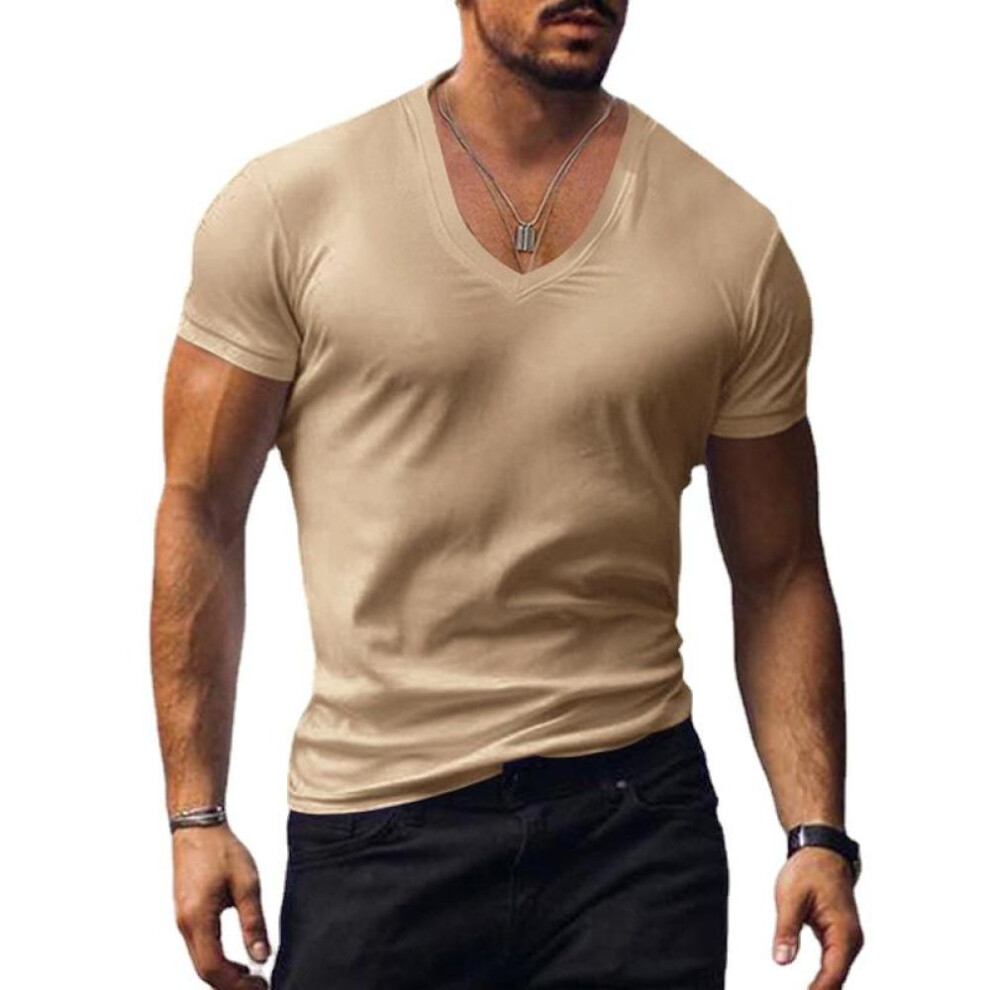 (khaki, XXL) Men's T-shirt White Black Top Men V-neck Solid Large Size Casual Short Sleeve T-shirts