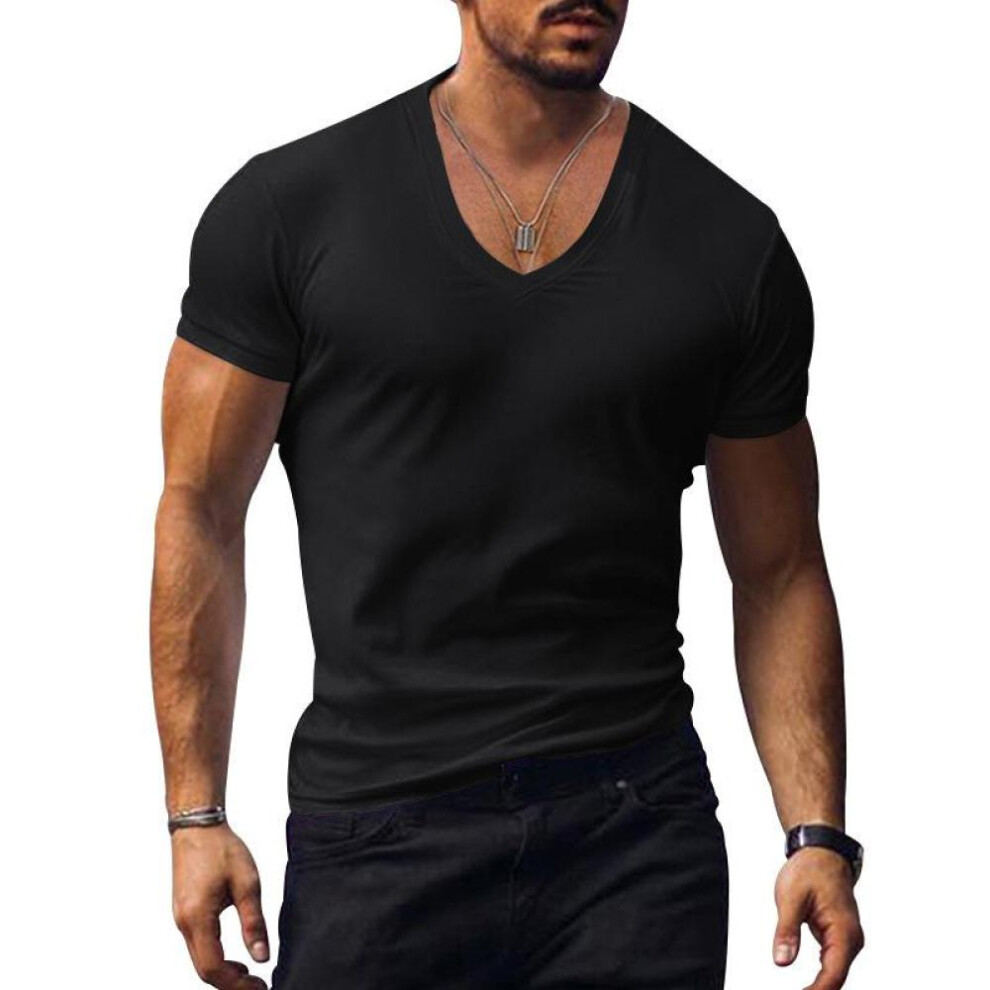 (black, 3XL) Men's T-shirt White Black Top Men V-neck Solid Large Size Casual Short Sleeve T-shirts