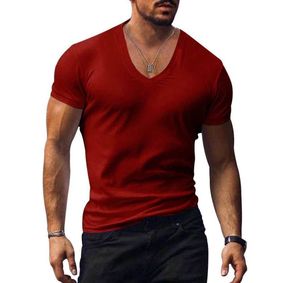 (wine red, XL) Men's T-shirt White Black Top Men V-neck Solid Large Size Casual Short Sleeve T-shirts