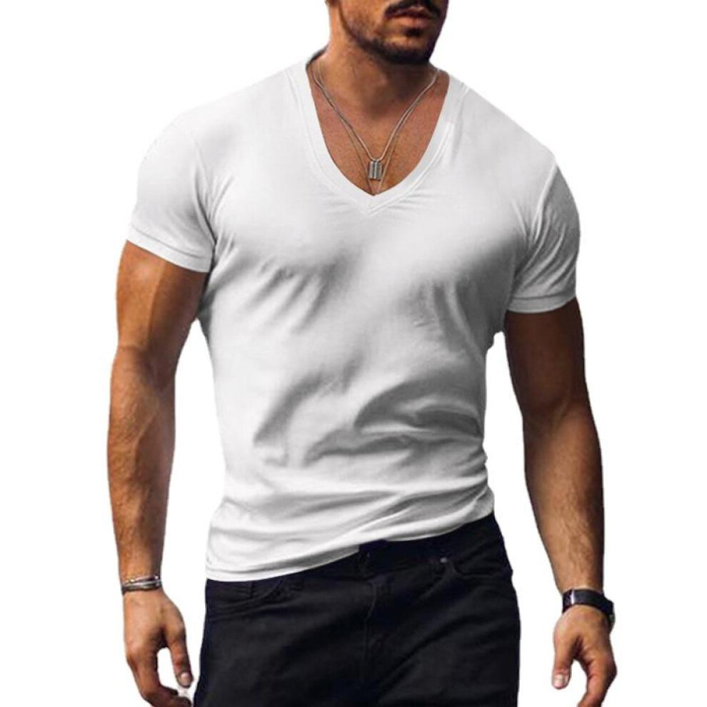 (white, XXL) Men's T-shirt White Black Top Men V-neck Solid Large Size Casual Short Sleeve T-shirts