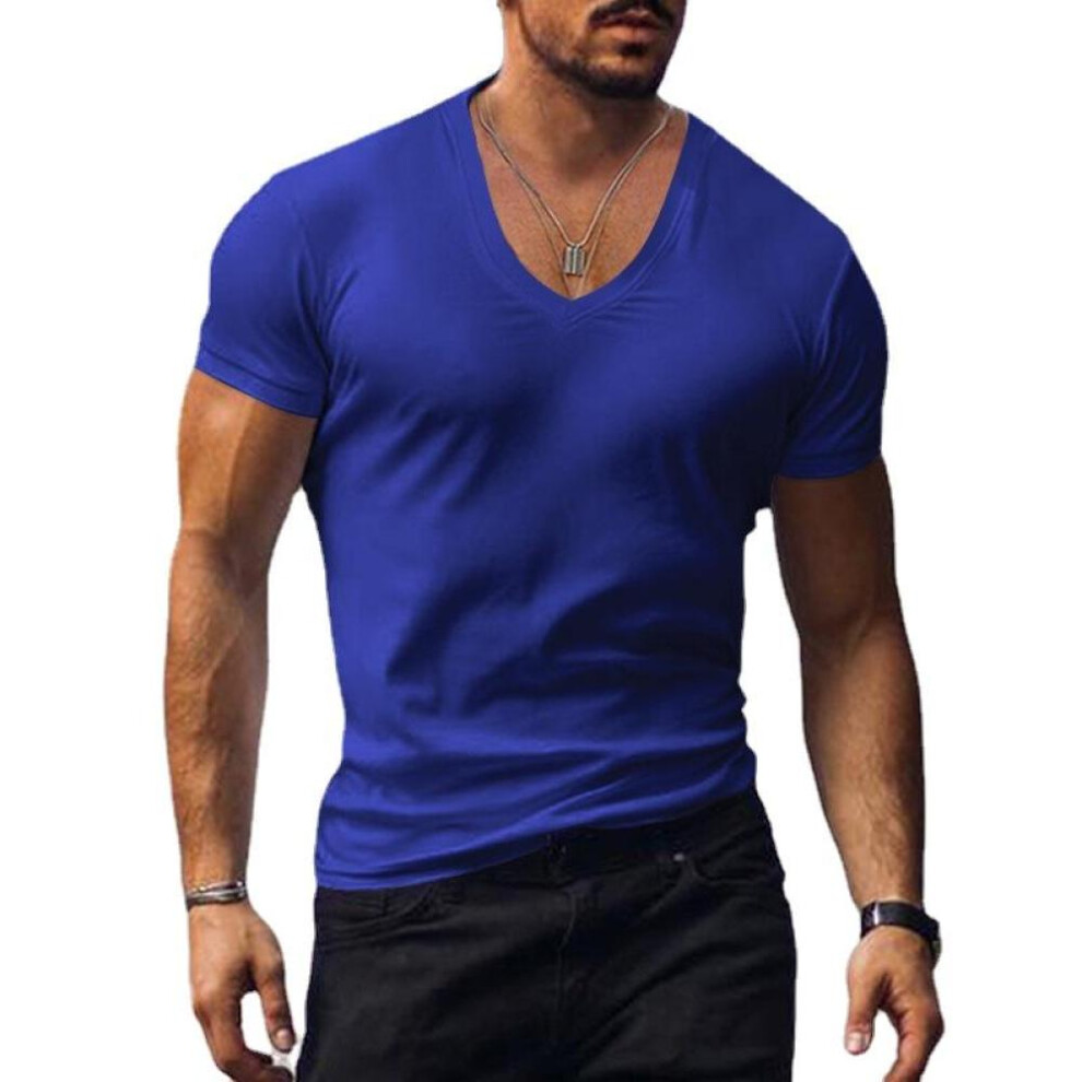 (blue, 3XL) Men's T-shirt White Black Top Men V-neck Solid Large Size Casual Short Sleeve T-shirts