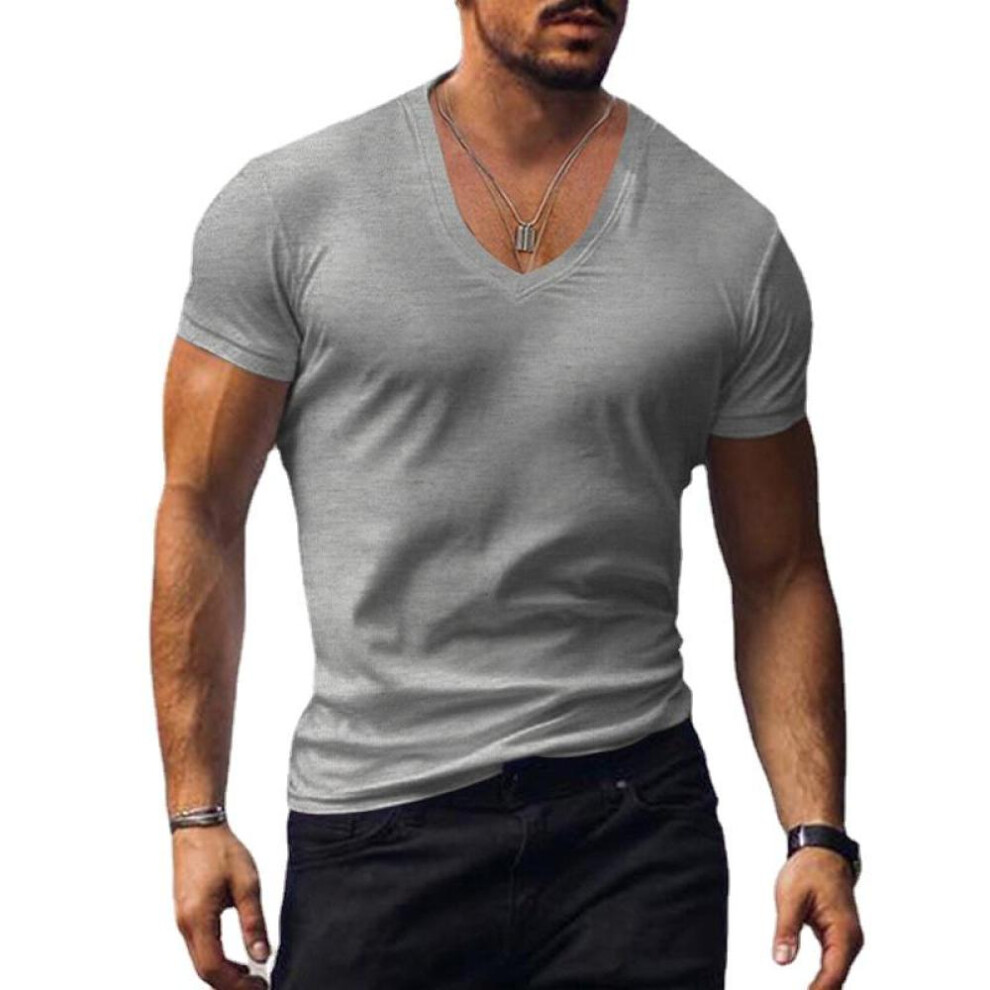 (light grey, 3XL) Men's T-shirt White Black Top Men V-neck Solid Large Size Casual Short Sleeve T-shirts