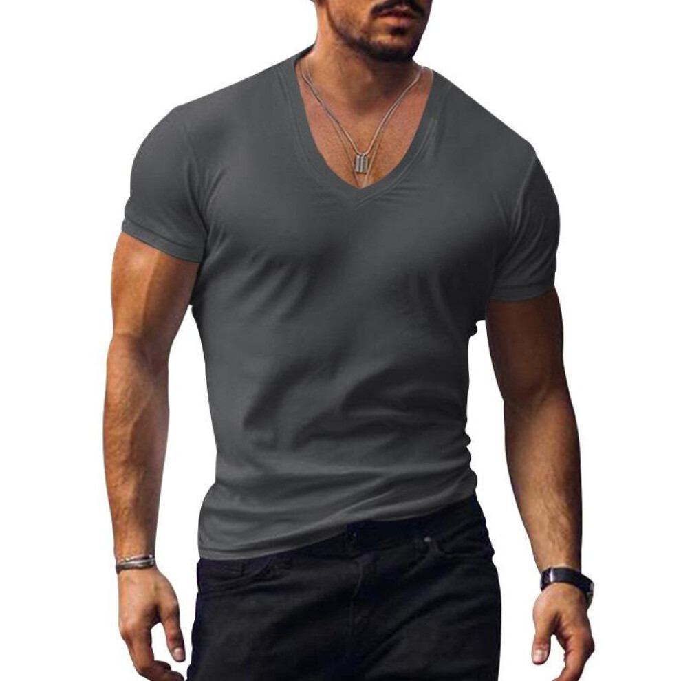 (dark grey, S) Men's T-shirt White Black Top Men V-neck Solid Large Size Casual Short Sleeve T-shirts