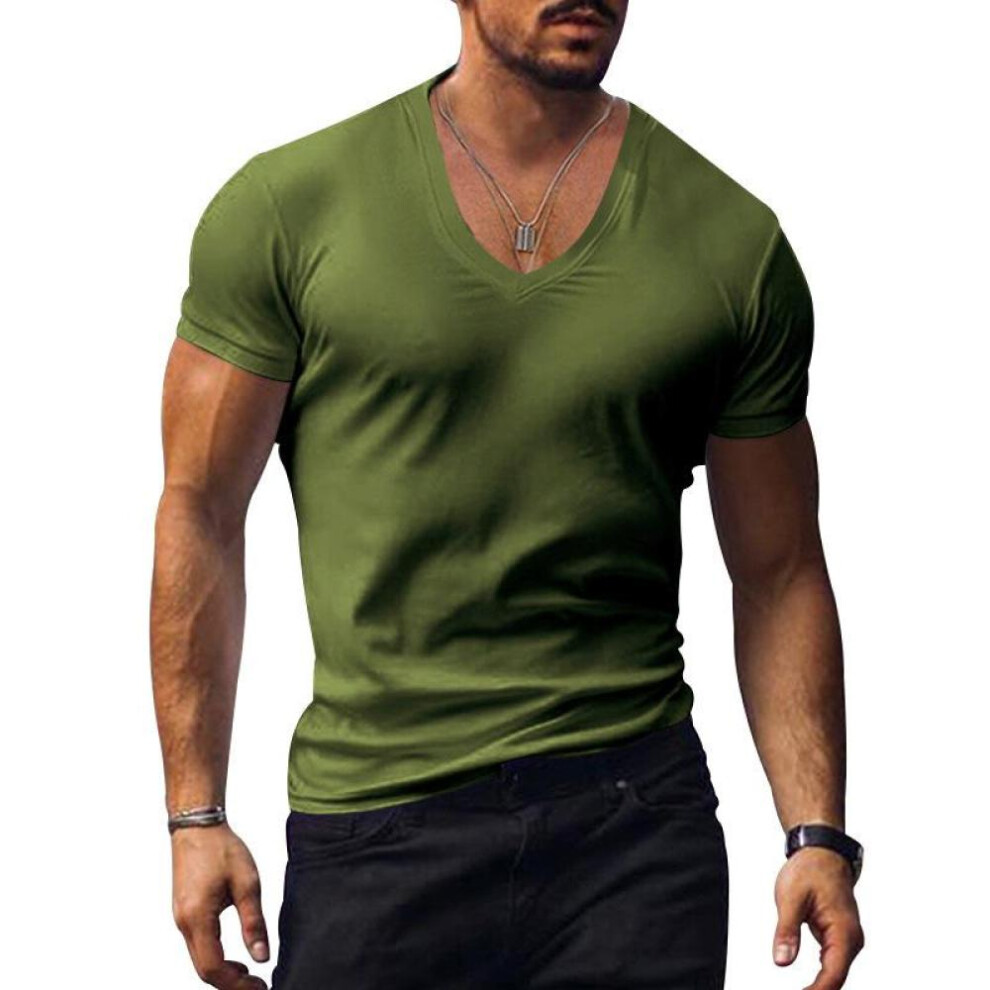 (army green, 3XL) Men's T-shirt White Black Top Men V-neck Solid Large Size Casual Short Sleeve T-shirts