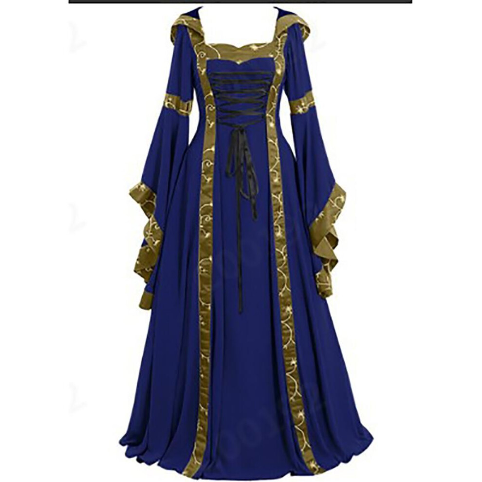 (blue, 3XL) Women's Fashion European And American Medieval Retro Hooded Dress Square Neck Lace Up Flare Sleeve Large Swing Dress Halloween Dress