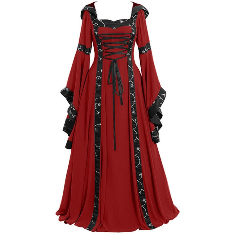 (red, M) Women's Fashion European And American Medieval Retro Hooded Dress Square Neck Lace Up Flare Sleeve Large Swing Dress Halloween Dress