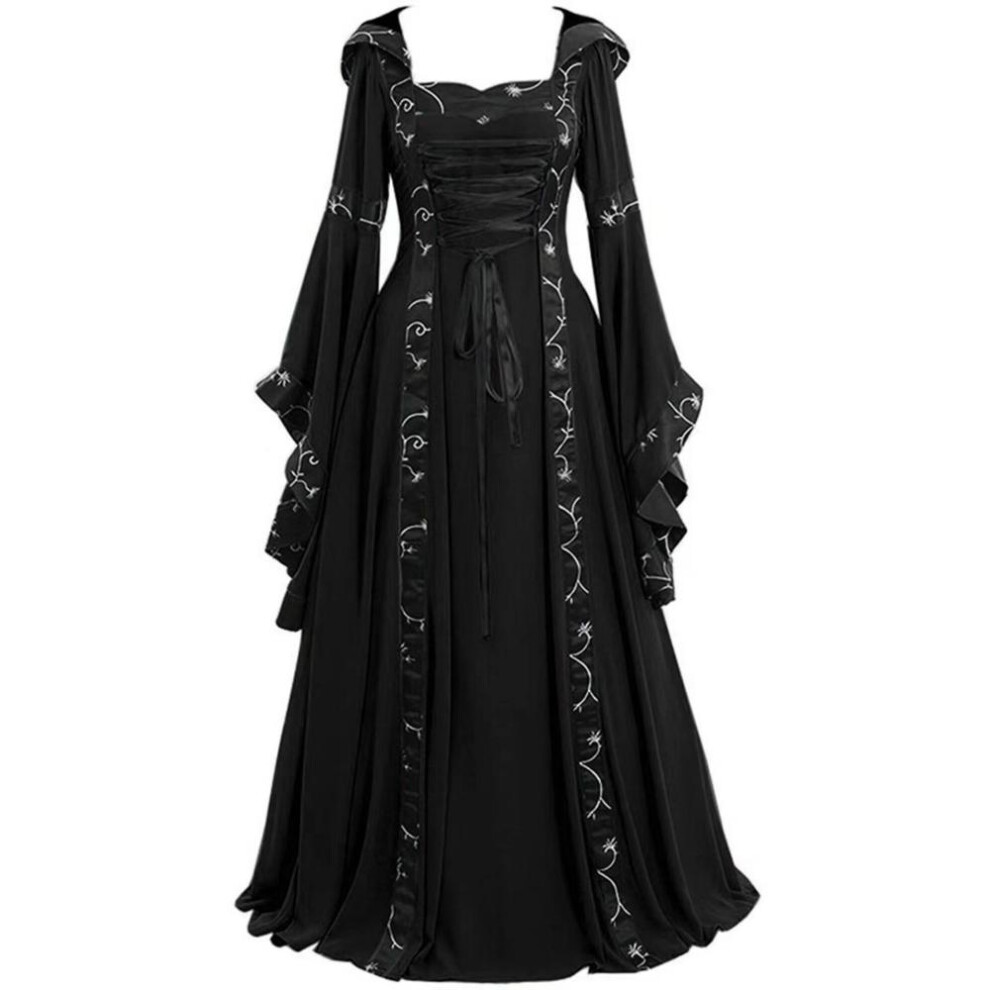 (black, M) Women's Fashion European And American Medieval Retro Hooded Dress Square Neck Lace Up Flare Sleeve Large Swing Dress Halloween Dress