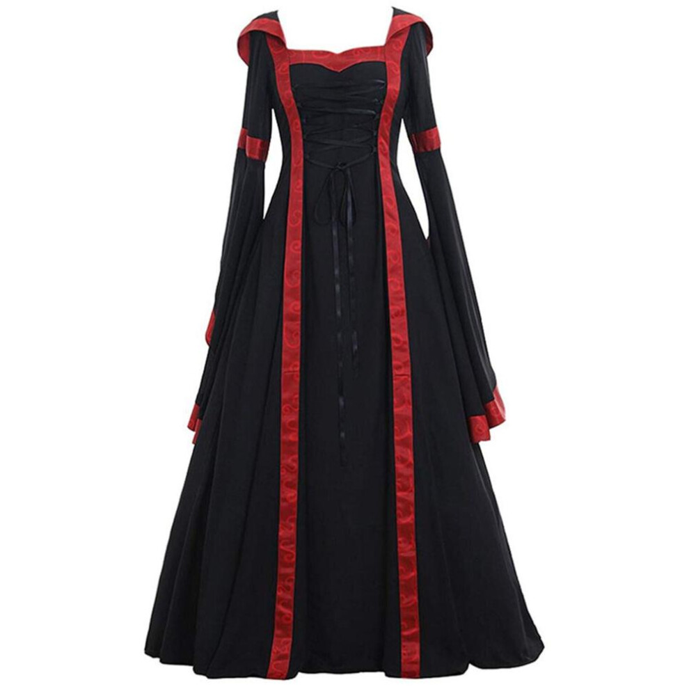 (red black, S) Women's Fashion European And American Medieval Retro Hooded Dress Square Neck Lace Up Flare Sleeve Large Swing Dress Halloween Dre