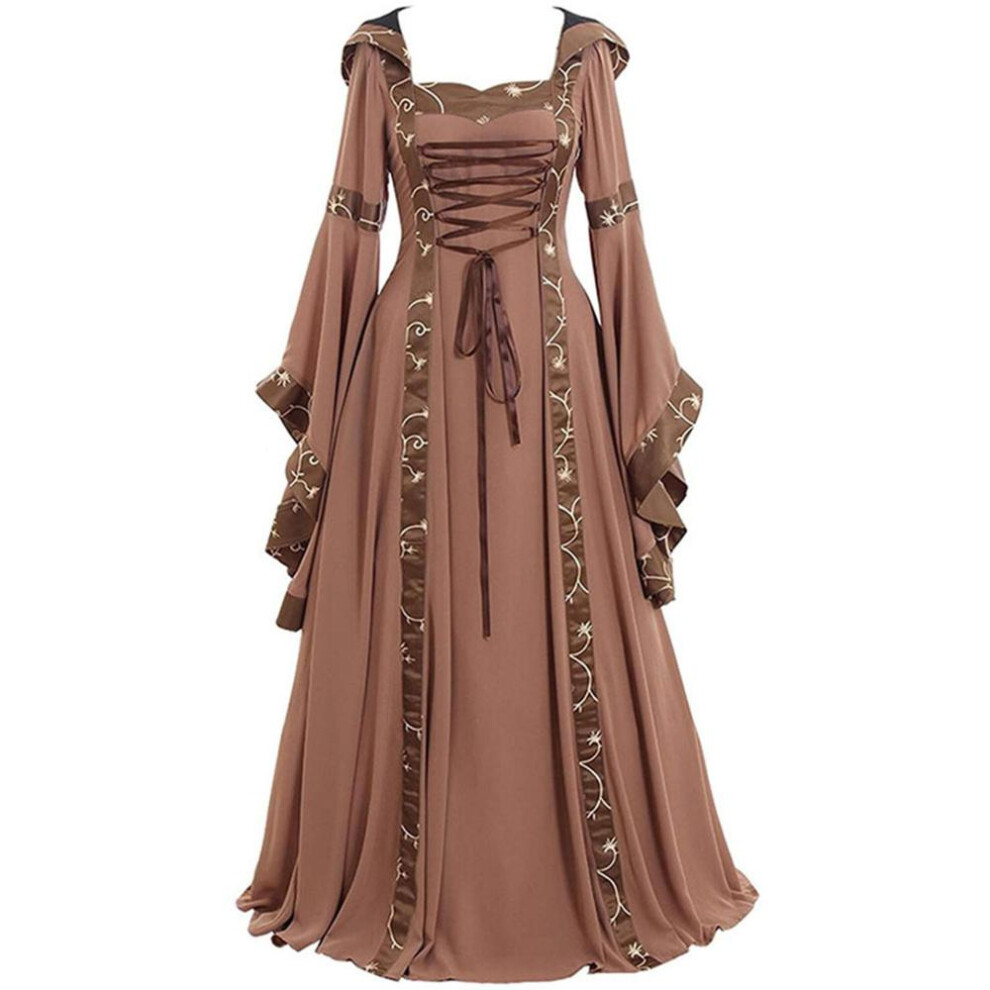 (khaki, 5XL) Women's Fashion European And American Medieval Retro Hooded Dress Square Neck Lace Up Flare Sleeve Large Swing Dress Halloween Dress