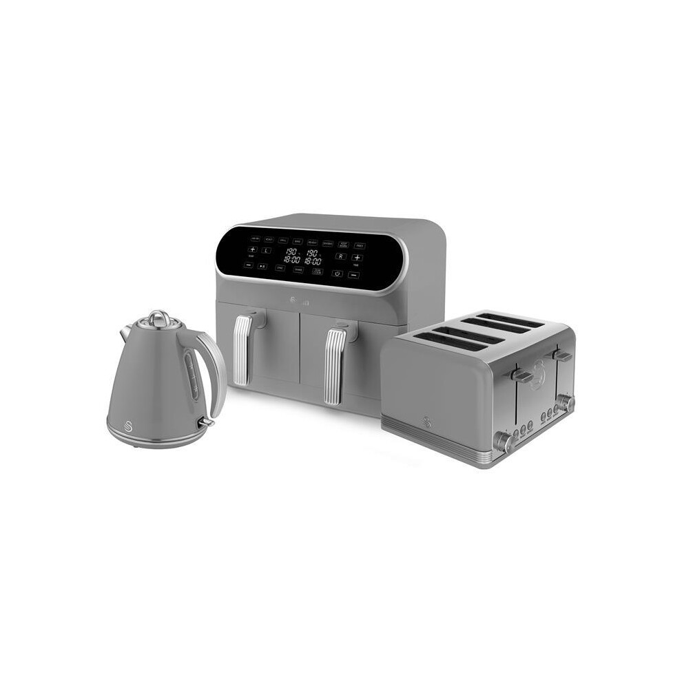 Swan Retro Kitchen Set, 1.5L Jug Kettle, 4 Slice Toaster & 8L Dual Basket Air Fryer, Grey, SD10519G + SK19020GRN + ST19020GRN-image-OPC-PFV6DDM-NEW