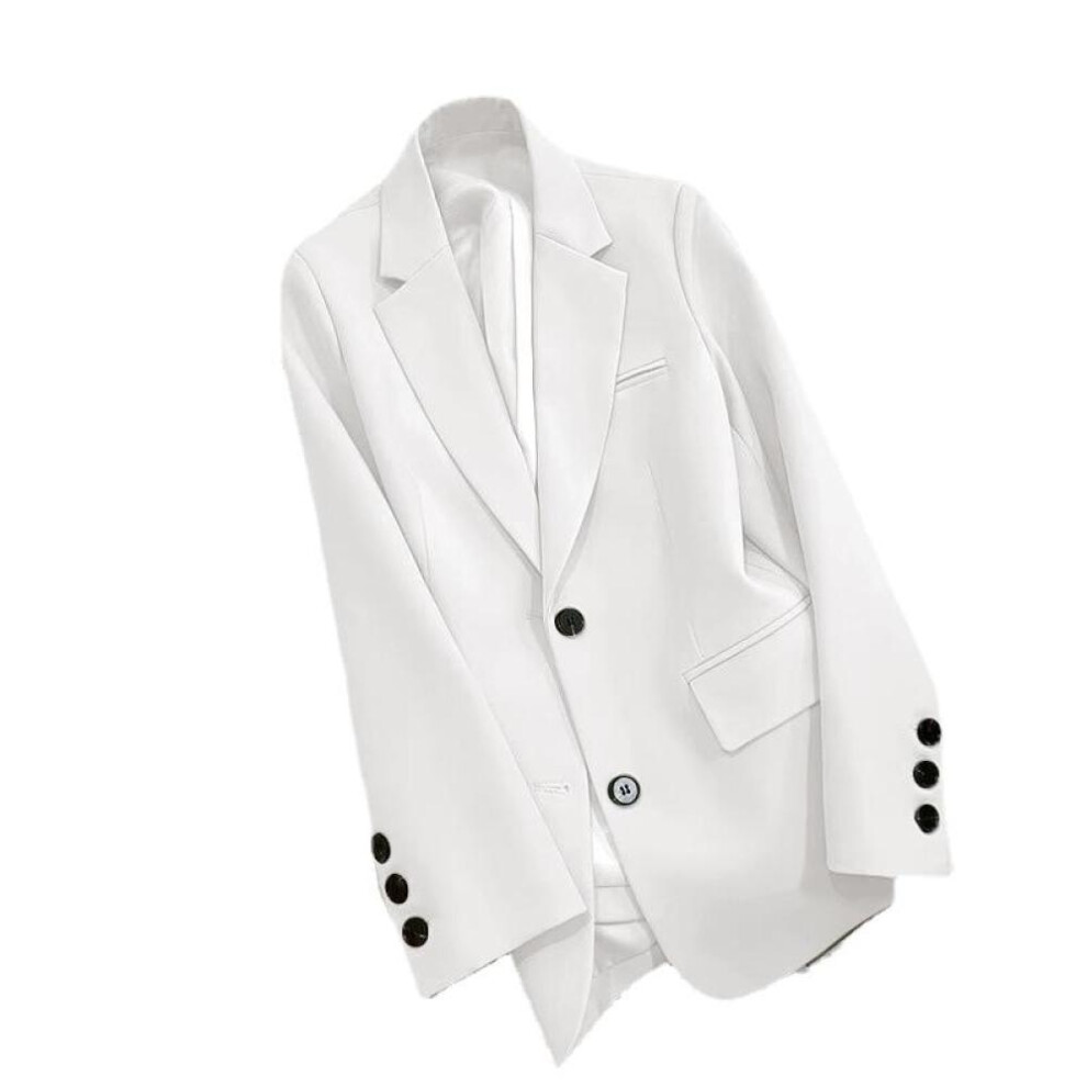 (white, XL) Women's Solid Color Black Button Pocket Blazer Suit Long Sleeve Cardigan Korean Fashion Casual Multi Colors Blazers Jacket