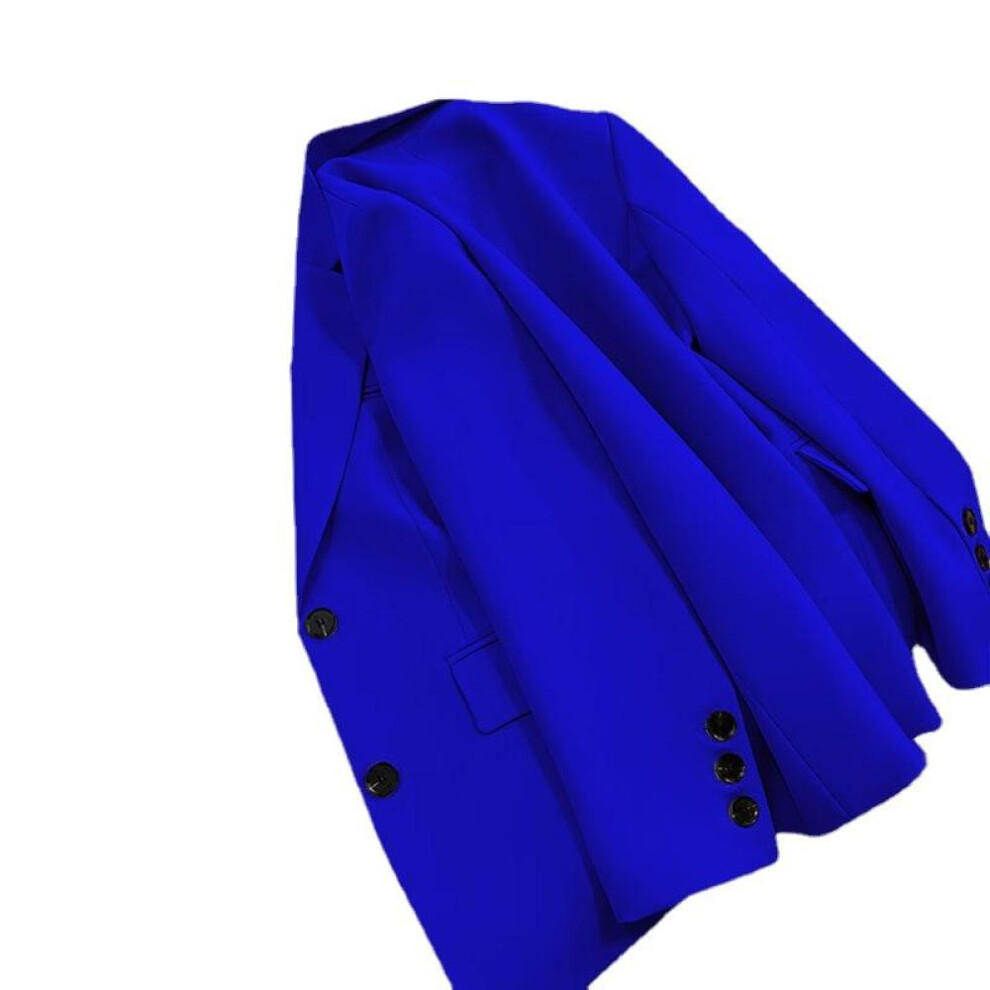 (blue, XXL) Women's Solid Color Black Button Pocket Blazer Suit Long Sleeve Cardigan Korean Fashion Casual Multi Colors Blazers Jacket