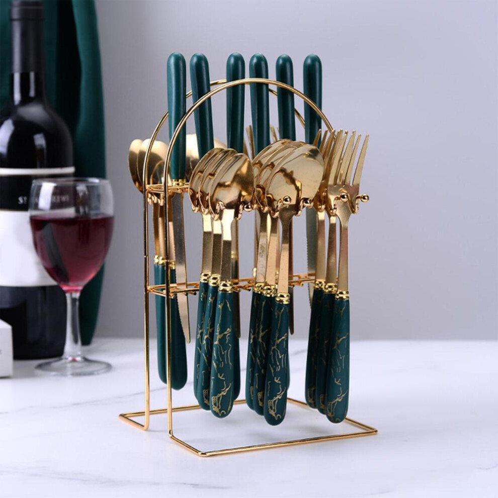 (green, One Size) Stainless Steel Tableware Set Of 24 Pieces, Ceramic Handle,  Pattern Plastic Handle  Western Style Knife, Spoon, And Fork Set